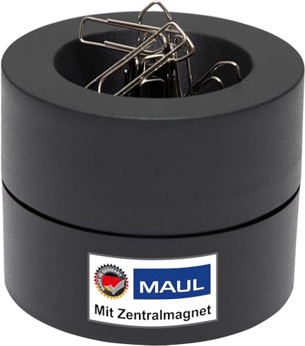 Maul Klammernspender MAULpro | Ø7,3x6cm | Schreibtisch Organizer für Büroklammern | Schreibtisch Zubehör mit Magnet für Büro | Inklusive 15 Klammern | Stilvoller Büroklammernspender | Schwarz