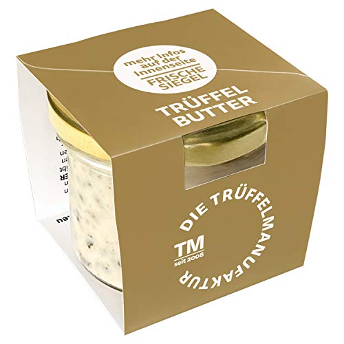 Die Trüffelmanufaktur - Feinkost Trüffelbutter mit 15% echtem frischen schwarzem Trüffel, die Delikatesse für Feinschmecker, weiße Trueffel-Butter im Glas á 95 g