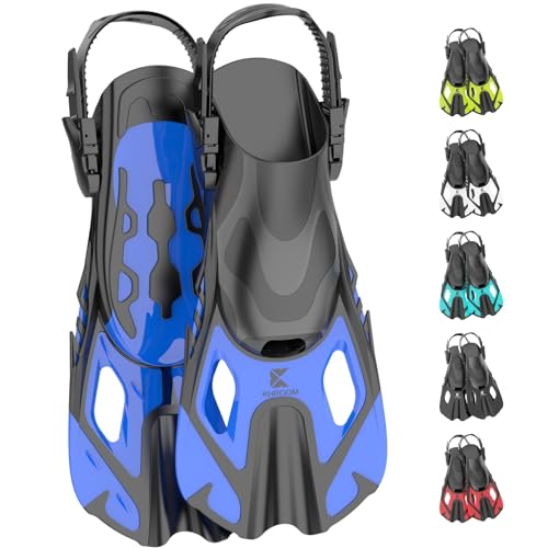 Khroom Kurze Flossen Erwachsene / Kinder Gr.32-47 | verstellbare Schnorchelflossen kurz | Schwimmflossen Kurzflossen zum Schnorcheln | Taucherflossen einstellbar zum Schwimmen / Tauchen (Blau 42-47)