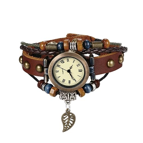 JewelryWe Uhren Damen Leder Blatt - Vintage Blatt Laub Analog Quarz Armbanduhr Frauen Retro Uhr mit mehrschichtig geflochten Leder Armband Wickelarmband und rundem Zifferblatt