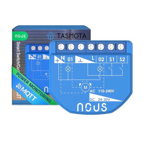 NOUS WiFi Tasmota Schaltmodul, 16A 2 Kanäle mit Leistungsmessung/Vorhangmodul 1 Kanal, ESP32, Temp Sensor, Matter & MQTT, Trockenkontakte, Kompatibel mit Alexa, Home Assistant, Google Home, Apple Home