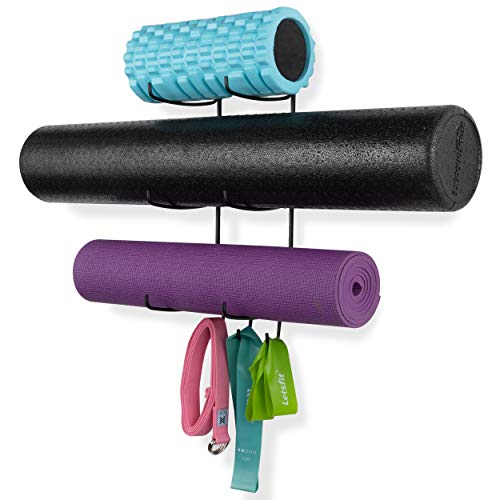 Wallniture Guru Wandhalterung Yogamatte Heim Gym Ausrüstung Widerstandsbänder und Schaumstoffrollenhalter mit 3 Haken 3 Metallschnitt Schwarz
