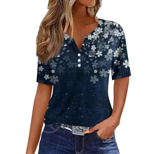 Meine Bestellungen Anzeigen Tshirt Damen Oversize Lustige T Shirts T Shirt Vatertag Henley Shirt Mit Knopfleiste Blumen Bedruckt Tunika Bluse Dirndlbluse Schwarz (Dunkelblau, L)