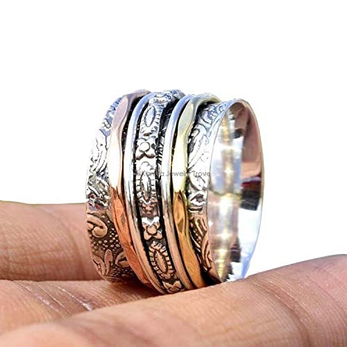 Three Tone Spinner Band Rings, Anxiety Ring for Meditaion, 925 Sterling Silber Band, Messing und Kupfer Spinnring für Frauen, Gift Ring for Mother's Day