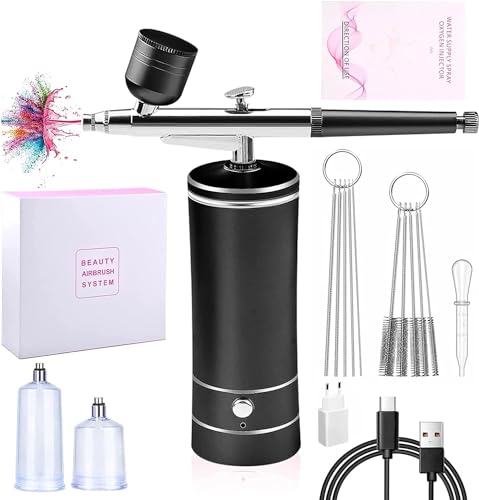 Daakro Kabellose Airbrush Set with Air Compressor, Tragbares Handheld Schnurloses Mini Wiederaufladbare Air Brush für Make-up, Kuchendekoration, Nagelkunst, Tattoos, und Gesichtsbemalung(Schwarz)