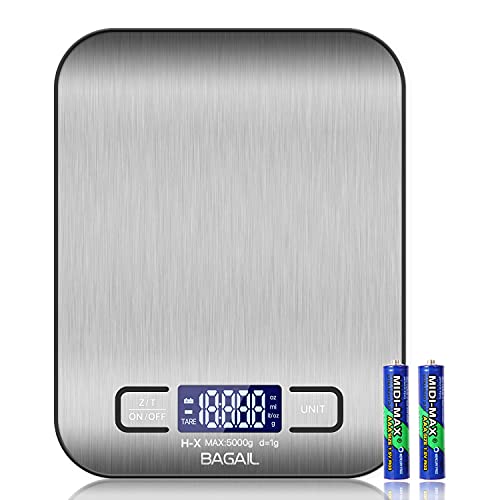 BAGAIL Digital Küchenwaage, Premium Edelstahl Lebensmittel Waagen Gewicht Gramm und Oz für Backen und Kochen 5KG