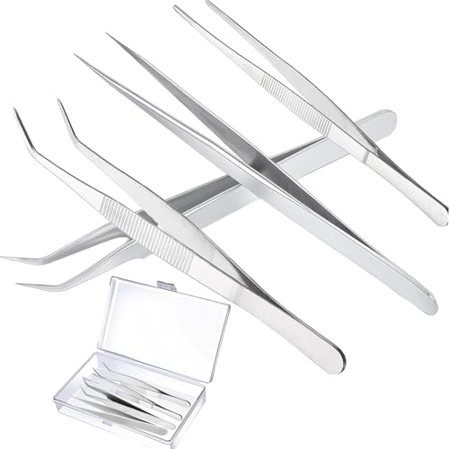4 Stück Gebogene Pinzette, Edelstahl Pinzette 14 cm Stumpfe Pinzette 12cm Pinzette Spitz, Pinzette Lang Edelstahl Profi