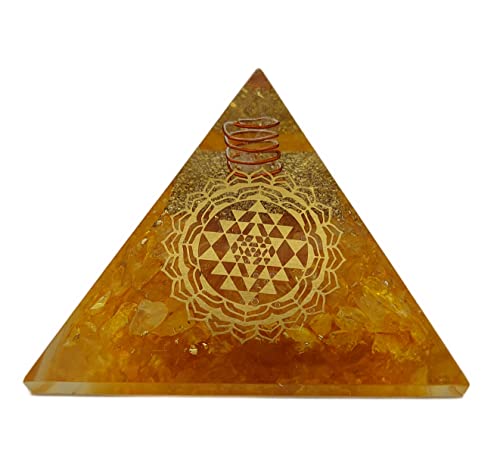 Energie Pyramide Orgonit (240 g / 8 cm) Citrin Edelstein mit Sri Yantra Symbol | Energie Schutz Glück Harmonie