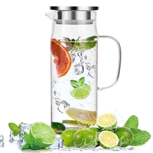 Litimkat 1.5L Wasserkaraffe aus Glas,Wasserkrug mit Versiegeltem Deckel,Hitzebeständig Wasserkocher,für Heißes/Kaltes Wasser, Wein,Eistee und Saftgetränke