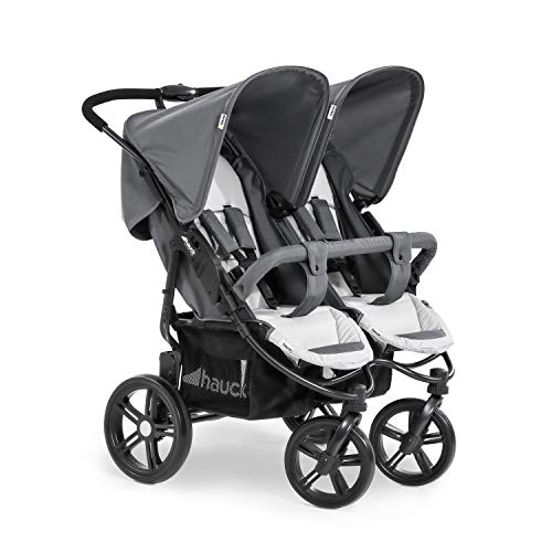 hauck Geschwisterwagen Roadster Duo SLX, Zwillingsbuggy ab Geburt bis 15 kg (ca. 3 Jahren) mit Liegefunktion, XL Korb, Einfach und Klein Zusammenklappbar, Große Räder (Grey/Silver)