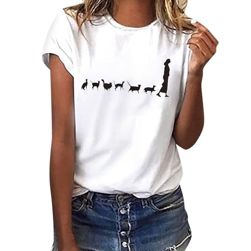Generisch 2025 Lässiges, kurzärmliges Oberteil mit Rundhalsausschnitt Aufdruck für Damen, stilvoll bequem Blusen Damen Langarm Elegant (White, L)