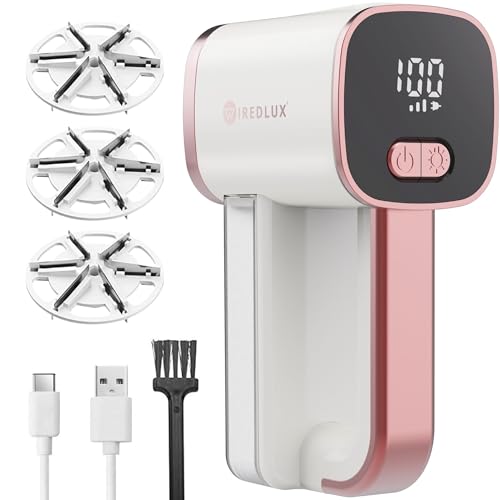 Fusselrasierer Elektrisch WiredLux - Wiederaufladbarer Fusselentferner für Kleidung & Möbel - LED-Licht, Einstellbare 3-Fach Geschwindigkeit, 6-blättrige Klinge, USB-Aufladung (Mondstein/Rosenquarz)