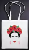 Umhängetasche Frida: Stofftasche, Jutebeutel mit Buntem Farbaufdruck. Aus 100% Baumwolle mit Langen Trägern. Porträtmotiv Kahlo Blumen. Accessoire für Fans farbenfroher Kunst. Reusable Bag