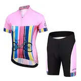 LSHEL Kinder Radtrikot Set, Jungen Radbekleidung Anzüge, Quick Dry Mädchen Radsportanzug, Fahrradtrikot Kurzarm und Radhose mit 3D Sitzpolster für Radfahren MTB, Rosa, XL