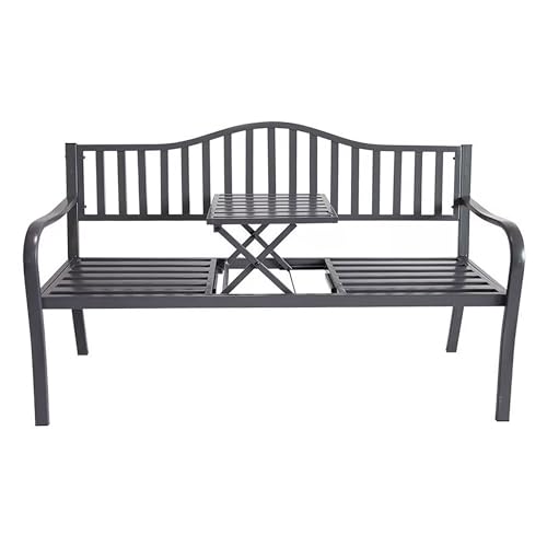 Metall Gartenbank mit integriertem Tisch - 150 x 56 cm - Sitzbank 2in1 anthrazit pulverbeschichtet - Parkbank Bank mit Klapptisch Ablage für Garten Balkon Terrasse 450kg Belastbarkeit wetterfest