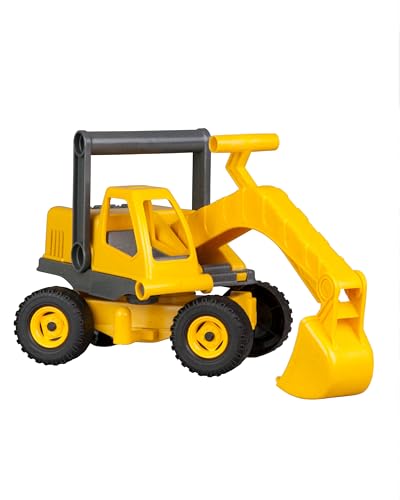 Lena 4211 EcoActives Bagger, Baustellenfahrzeug ca. 35 cm, robuster Schaufelbagger, natürlicher Holzgeruch durch ökologischen Holzanteil, Sandbagger für Kinder ab 2 Jahre, Spielfahrzeug in gelb