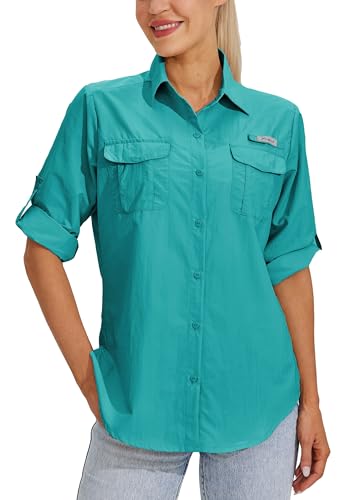 WILLIT Damen UPF 50+ Shirt Sonnenschutz Shirts Hemden Langarm Wanderbluse Safari Angel Shirts SPF UV Schnelltrockner Wandern Outdoor Shirts Teal L