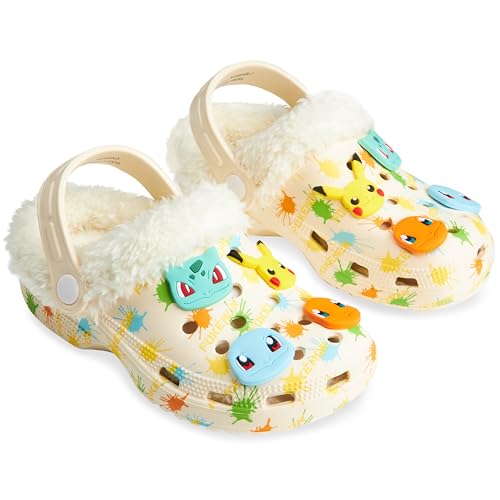 Pokemon Clogs Kinder Gartenschuhe mit Schuh Charms & Abnehmbarem Fleece-Futter - Geschenke für Kinder(Creme/Mehrfarbig, 33 EU)