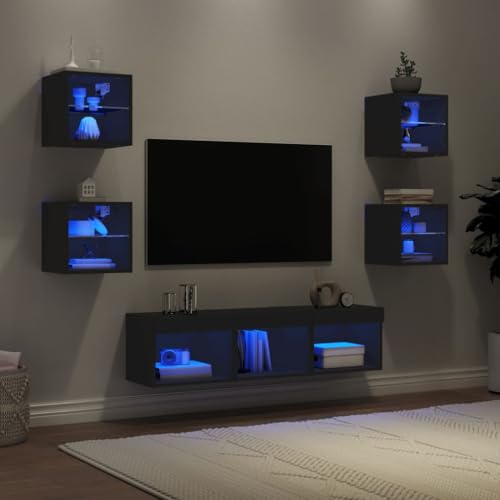 Keyroto TV wohnwand Wohnzimmer mit LED TV Schrank hängend Wohnzimmer Möbel Wohnwand Mediawand Wandschrank Schrankwand-Schwarz-7-tlg