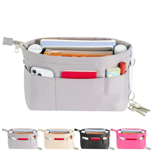 HyFanStr Handtaschen Organizer Nylon, Taschenorganizer Tasche in Tasche Organizer Innentaschen für Handtaschen mit Schlüsselkette,Grau,Extra Groß