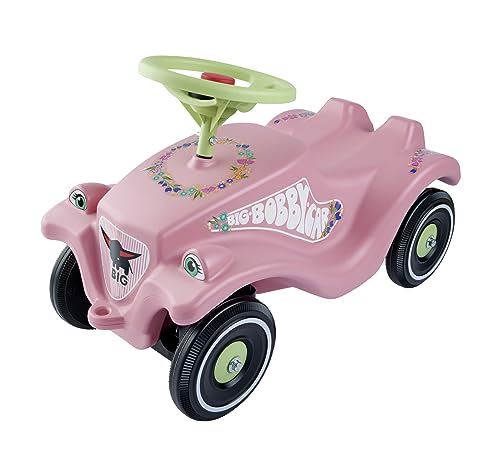 BIG-Bobby-Car Classic Flower - Kinderfahrzeug mit Blumenaufklebern für Jungen und Mädchen, belastbar bis zu 50 kg, Rutschfahrzeug für Kinder ab 1 Jahr, pastell rosa, grün