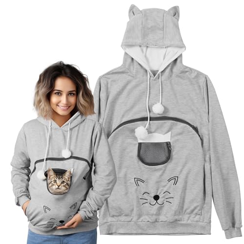 HOMELEVEL Hoodie Pullover mit Katzentasche - Niedlicher Pulli mit Hundetasche - Katzen Hoodie mit Haustier Tasche - Katzenpullover mit Beutel für kleine Haustiere