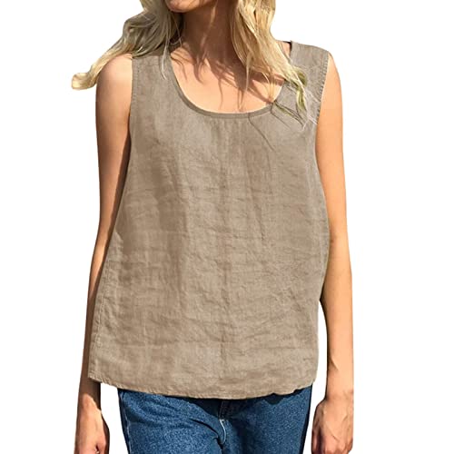 CGGMVCG Damen-Tanktop in Übergröße, locker, lässig, Baumwolle, Leinen, einfarbig, U-Ausschnitt, ärmellose Blusen für Damen, Beige, M