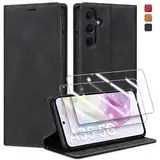 Guisessy Handyhülle für Samsung Galaxy A35 5G Hülle Leder und 2 Schutzfolie, Premium Klappbar Flip Wallet mit Magnet Kartenfach Standfunktion Schutzhülle für Samsung A35 5G, Schwarz