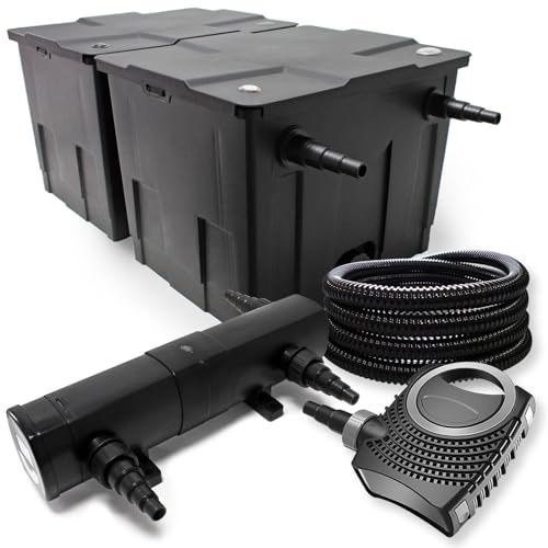 Wiltec Komplettset: CBF-350B Teichfilter bis 60000 L Teichfilteranlage als Durchlauffilter, NEO10000 SuperECO Teichpumpe 10000l/h 80W, CUV-218 Teichklärer UVC Klärer mit 18W, 25m Teichschlauch 25 mm