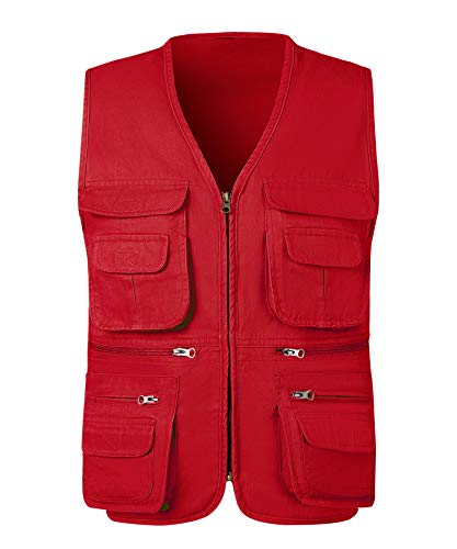 KTWOLEN Herren Outdoor Weste Baumwolle Anglerweste Freizeit Jagd Trekking Wander Angler Camping Safari Weste Ärmellos Jacke mit vielen praktischen Taschen, rot, L