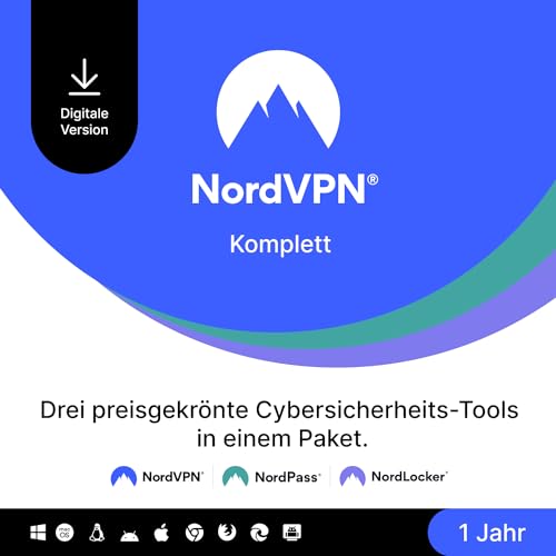 NordVPN Komplett – 1 Jahr – VPN & Cybersicherheits-Softwarepaket – Online-Bedrohungen blockieren, Passwörter verwalten und Dateien in einer sicheren Cloud speichern – PC/Mac/Mobile [Online Code]