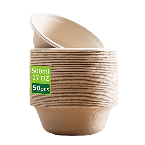 Meiontepor 50 Stück Einwegpapierschalen, biologisch abbaubar und kompostierbar, umweltfreundliche Einwegschalen, perfekt für Party und Picknicks (17 oz), Bagasse-Zellstoff