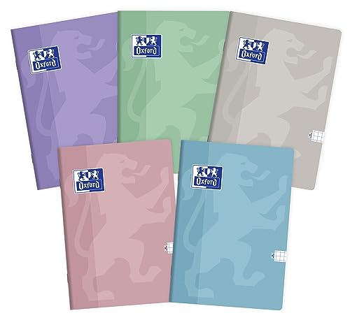 Oxford Touch Pastel Notizbuch A5, 60 Blätter, kariert, 5 Stück-Packung Farbenmix