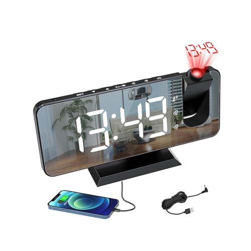 Radiowecker mit 180° Projektor,Projektionswecker für Schlafzimmer, Digitaluhr für Schlafzimmer 7" LED-Anzeige,USB/Type-C-Anschluss, 12/24H,Doppelalarm mit Wochenend/Wochentagsmodus, Snooze, Dimmer