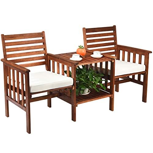 Sitzbank mit Tisch, 2-Sitzer Holzbank mit Sitzkissen & Schirmloch, Gartenbank aus Akazienholz bis 350 kg belastbar, Terrassenbank für Balkon, Garten, Terrasse, 165 x 65 x 88 cm