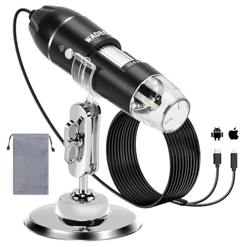 WADEO Digital Mikroskop, USB Mikroskop 1440P HD mit 50X-1600X Vergrößerung, Tragbare Inspektionskamera WiFi-frei, Kabeliges Handmikroskop mit 8 LED und Ständer, iOS, Android und Tablets kompatibel
