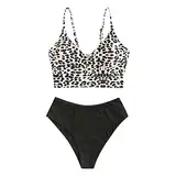 ZAFUL Gerippt Fest Chorhemd Hohes Bein Schnitt Hohe Taille Tankini Set Gepolstert Zwei Stücke Badeanzug Bademode für Damen (Leopard,M)