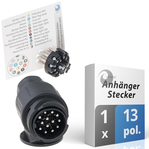 valonic Premium Anhänger Stecker - 13 polig, schwarz - inkl. Verkabelungs-Schablone - 13 poliger Anhängerstecker