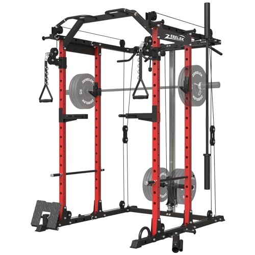 ZERELEK Power Cage,Power Rack mit Latzugstange, Kabelzugstation mit J-Hacken, Landmine, Band Peg, Battle Rope Seil, Squat Rack mit 680kg maximaler Belastung für das Heim-Fitnessstudio，Rot-K6