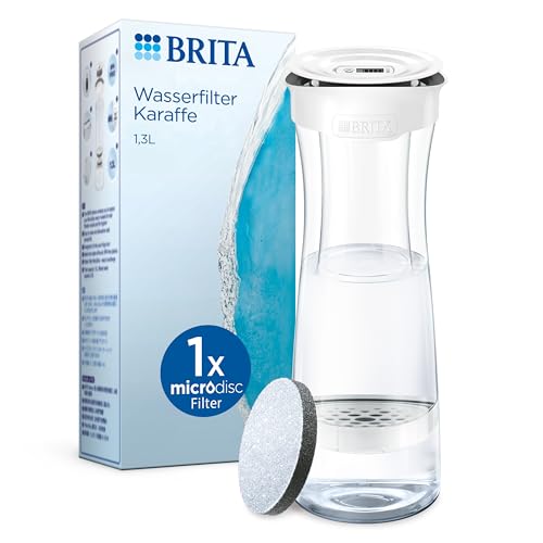 BRITA Wasserfilterkaraffe, weiß (1,3L) inkl. 1 MicroDisc Wasserfilter – stilvolle, nachfüllbare Karaffe für zuhause, passt in die Kühlschranktür, reduziert PFAS, Chlor, Mikropartikel im Leitungswasser