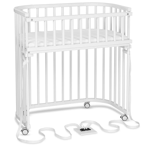 babybay Boxspring Beistellbett aus massivem Buchenholz/kompakt & verwandelbar/Kinderbett Höhe stufenlos verstellbar/mitwachsendes Babybett (weiß lackiert) / inkl. Matratze, Gitter, Rollen