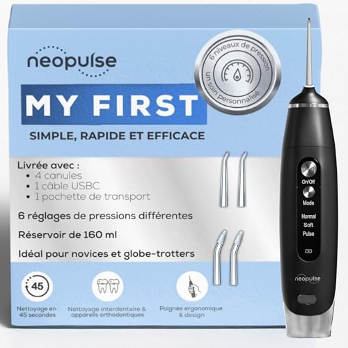 NEOPULSE® My First Munddusche Ultra Compact – Munddusche 2 in 1 – 4 Kanülen, 6 einstellbare Drucke, 165 ml abnehmbarer Tank – entfernt Plaque und reinigt kieferorthopädische Geräte – Schwarz