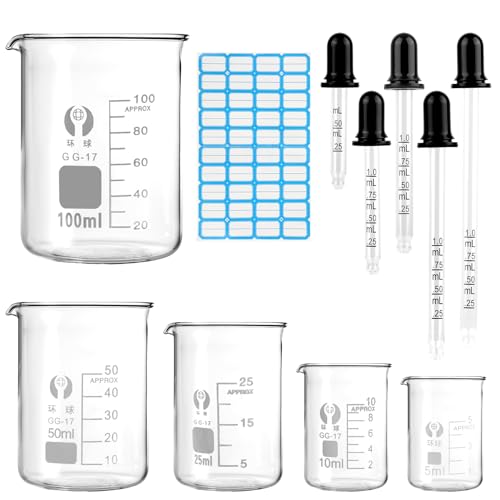 5 Stück Messbecher Klein 100ml 50ml 25ml 10ml 5ml, Becherglas mit Messskala, Borosilikatglas Mini Messbecher mit Graduierter Tropfer und Etikettenaufkleber, Messbecher Becherglas für Labor