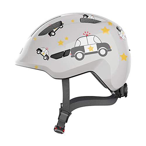 ABUS Kinderhelm Smiley 3.0 - Fahrradhelm mit tiefer Passform, kindergerechten Designs & Platz für einen Zopf - für Mädchen und Jungs - Grau mit Auto-Muster, Größe M