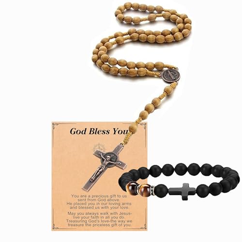 Kette und Armband set Herren Kreuz | Ostern Tigerauge Armband Geschenke, Religiöser inspirierenden Bibelversen Kreuz Armband, Glaube Geschenk für geliebte Männer, Vater, oder Junge (B)