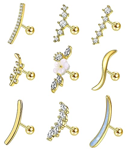 Adramata 9 Stück Piercing Helix 16G Chirurgenstahl Knorpelohrringe Ohrstecker Schlangenblume Opal CZ Tragus Ohrringe für Frauen Conch Knorpel Ohrpiercing Gold Silber Helix Piercing Ohr Schmuck,G