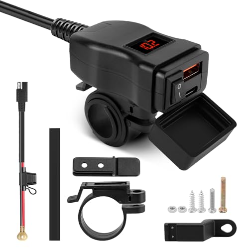 WODHMIEY Motorrad Ladeadapter – Motorrad Ladegerät mit USB- und Typ-C-Anschlüssen, 12V-24V Universalkompatibilität, IP65 Wasserdicht, Spannungsanzeige, 5V/3,4A Ausgang, Einfache Montage (Rot)