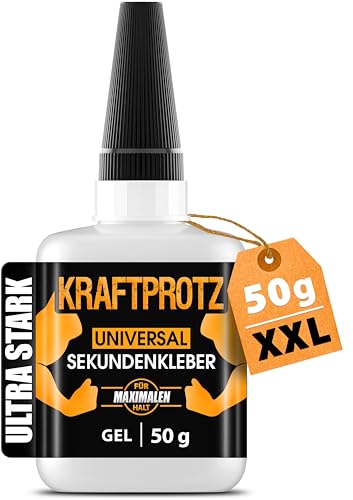 50 g Sekundenkleber extra stark - Inkl. Anti-Austrocknungs-Spitze - KRAFTPROTZ - Dickflüssiger Superkleber - Universell verwendbar zum Kleben von Plastik, Kunststoff, Glas, Holz, Stein, Metall uvm.
