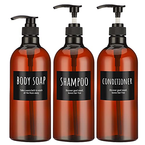 1000ml/33.8oz Shampoo-Flasche mit Pumpe, Segbeauty 3pcs Leere Shampoo- und Conditioner-Flasche, Shampoo-Spenderflasche für Körperseife, brauner Kunststoff-Press-Spender nachfüllbar