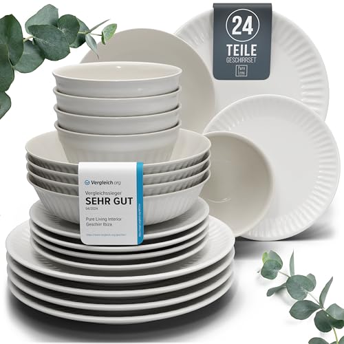 Steingut Geschirrset 6 Pers. Hygge 24-tlg Hochwertiges Skandinavisches TEST SEHR GUT Steingut Geschirr Set - Schüssel- und Teller Set - Tafelservice 6 Personen Geschirrsets Pure Living in Hellgrau
